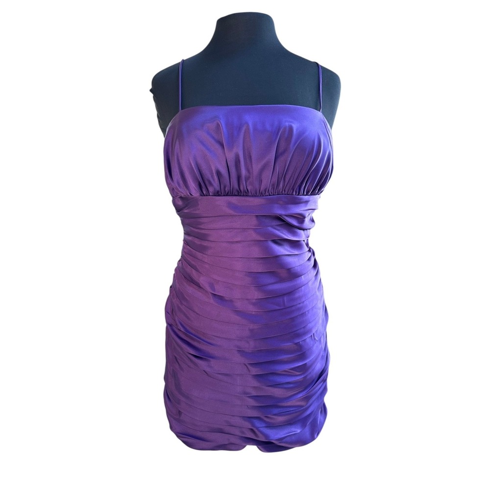 Steppin Out Purple Ruched Satin Bodycon Mini Dress Square Neck Spaghetti Strap